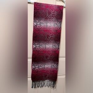 Steve Madden Cozy Fringe Scarf in Reds, Pinks, and Gray